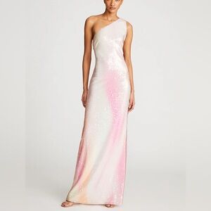 $495 NWT Halston “Tanya” Printed Sequin Gown in Abstract Sorbet Sz 4
